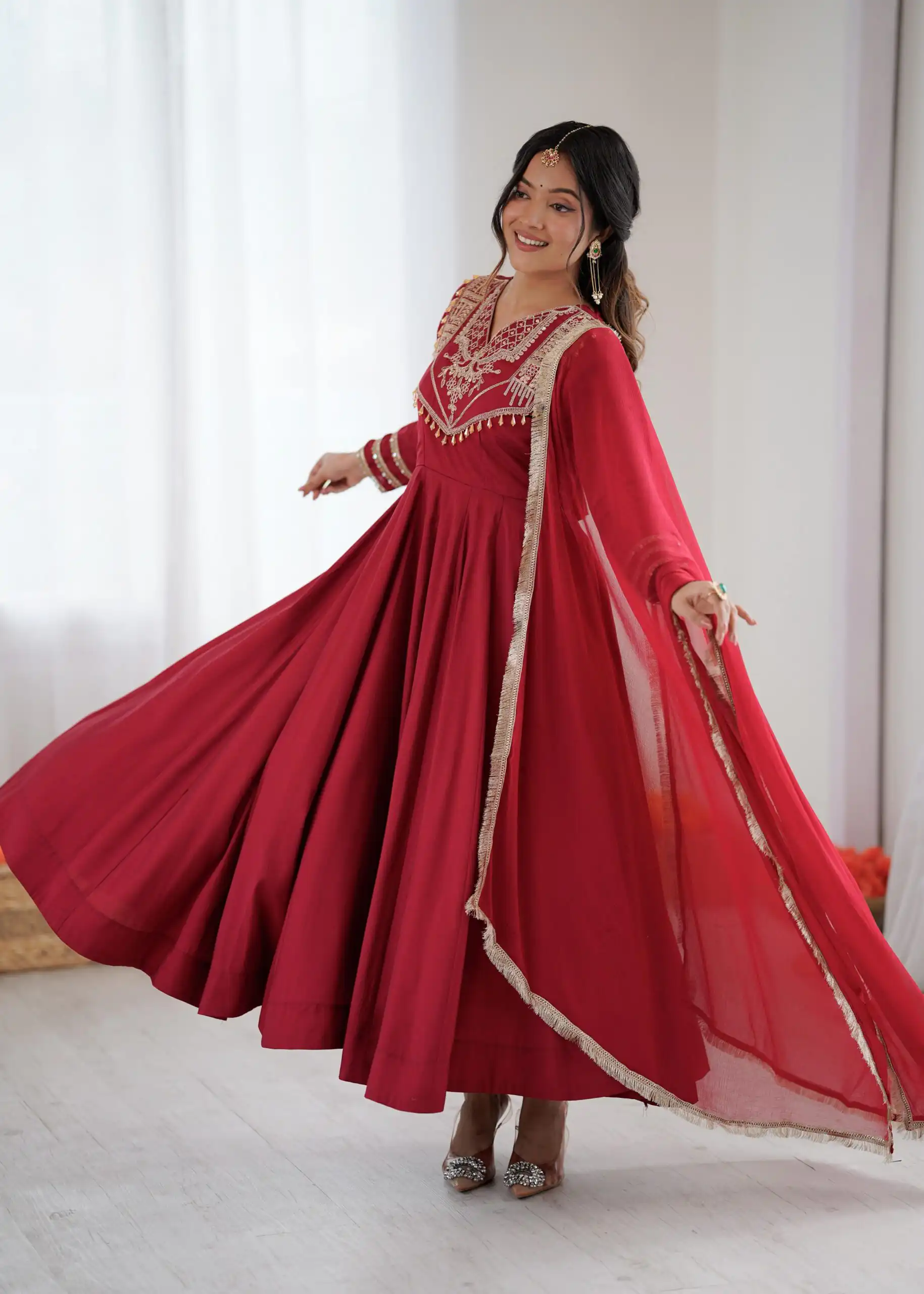 ZSR 3149 Red Roman silk Gown Perfect for Wedding, Party, Sangeet, Haldi, Lohri – . Introductory Price ₹2099. Delivery 4-6 Working Days. Shop now. | Gowns, Bollywood Gowns, Creative Gowns, Designer Gowns, Embroidered Gowns, Party Wear Gowns