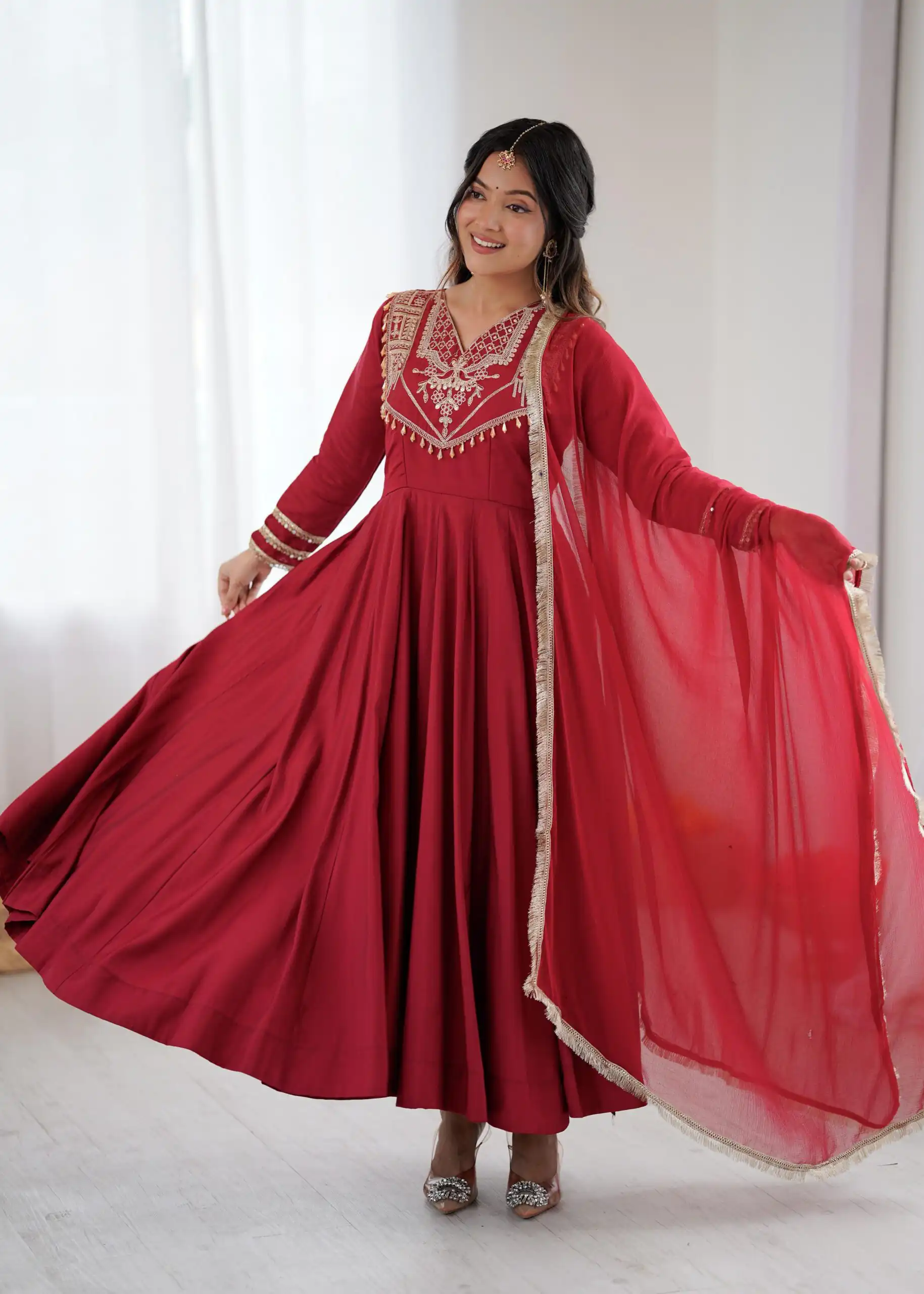 ZSR 3149 Red Roman silk Gown Perfect for Wedding, Party, Sangeet, Haldi, Lohri – . Introductory Price ₹2099. Delivery 4-6 Working Days. Shop now. | Gowns, Bollywood Gowns, Creative Gowns, Designer Gowns, Embroidered Gowns, Party Wear Gowns