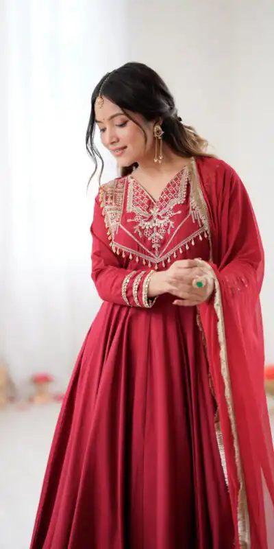 ZSR 3149 Red Roman silk Gown Perfect for Wedding, Party, Sangeet, Haldi, Lohri – . Introductory Price ₹2099. Delivery 4-6 Working Days. Shop now. | Gowns, Bollywood Gowns, Creative Gowns, Designer Gowns, Embroidered Gowns, Party Wear Gowns