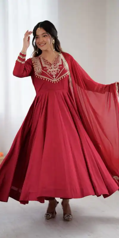 ZSR 3149 Red Roman silk Gown Perfect for Wedding, Party, Sangeet, Haldi, Lohri – . Introductory Price ₹2099. Delivery 4-6 Working Days. Shop now. | Gowns, Bollywood Gowns, Creative Gowns, Designer Gowns, Embroidered Gowns, Party Wear Gowns
