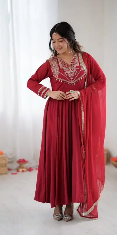 ZSR 3149 Red Roman silk Gown Perfect for Wedding, Party, Sangeet, Haldi, Lohri – . Introductory Price ₹2099. Delivery 4-6 Working Days. Shop now. | Gowns, Bollywood Gowns, Creative Gowns, Designer Gowns, Embroidered Gowns, Party Wear Gowns
