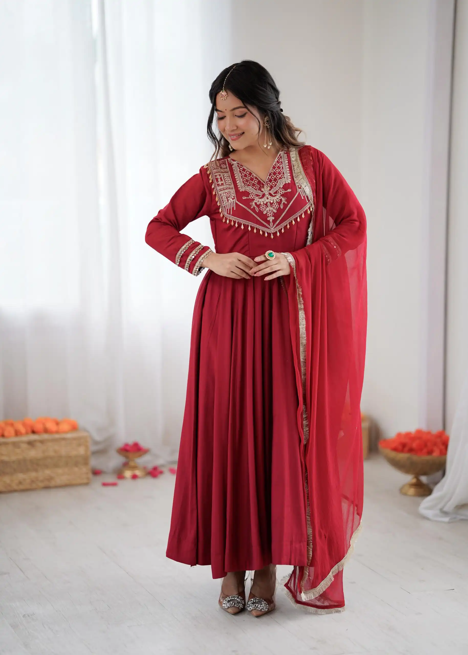ZSR 3149 Red Roman silk Gown Perfect for Wedding, Party, Sangeet, Haldi, Lohri – . Introductory Price ₹2099. Delivery 4-6 Working Days. Shop now. | Gowns, Bollywood Gowns, Creative Gowns, Designer Gowns, Embroidered Gowns, Party Wear Gowns