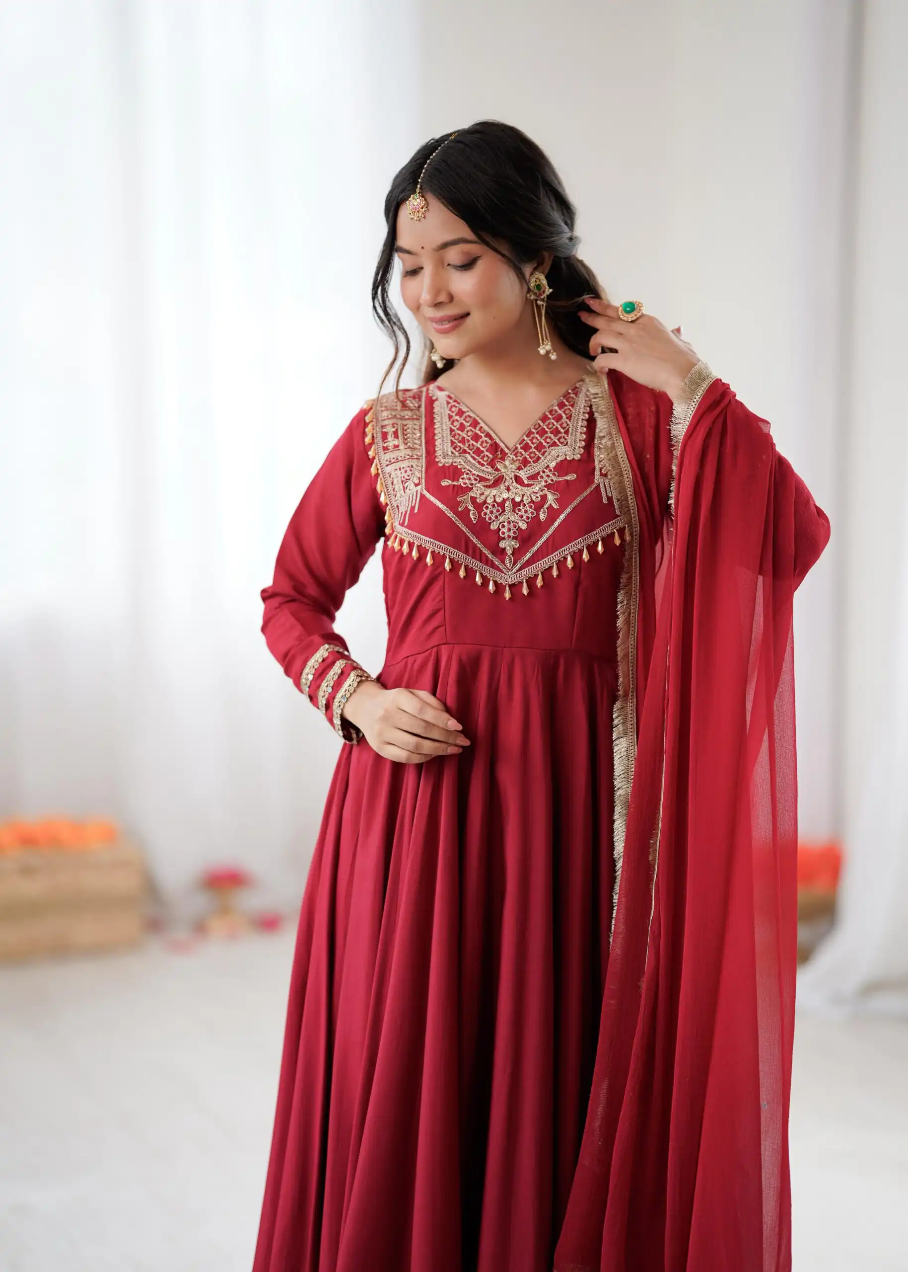 ZSR 3149 Red Roman silk Gown Perfect for Wedding, Party, Sangeet, Haldi, Lohri – . Introductory Price ₹2099. Delivery 4-6 Working Days. Shop now. | Gowns, Bollywood Gowns, Creative Gowns, Designer Gowns, Embroidered Gowns, Party Wear Gowns