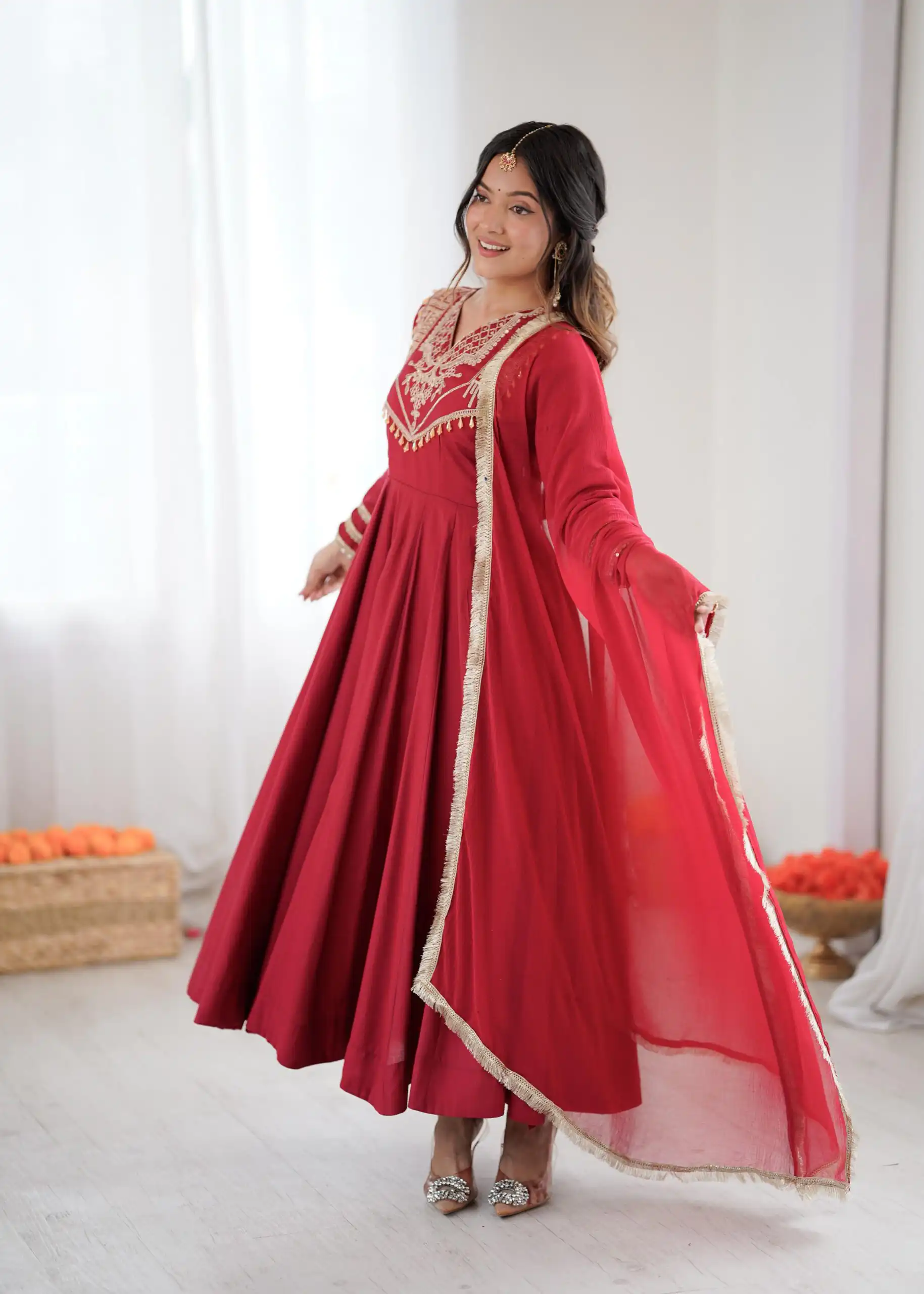 ZSR 3149 Red Roman silk Gown Perfect for Wedding, Party, Sangeet, Haldi, Lohri – . Introductory Price ₹2099. Delivery 4-6 Working Days. Shop now. | Gowns, Bollywood Gowns, Creative Gowns, Designer Gowns, Embroidered Gowns, Party Wear Gowns