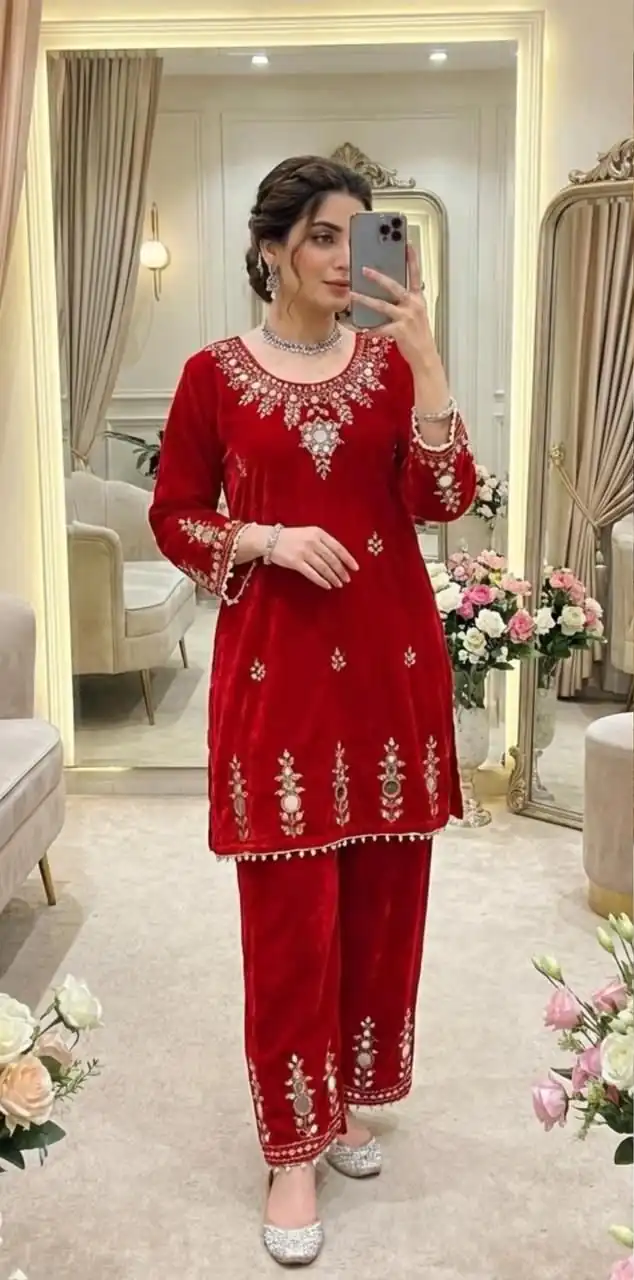 BE 423 Red Velvet Salwar Suit with Embroidery Work & Mirror Work. Now at just ₹1849. Delivery 4-6 Working Days. Shop now. | Casual Suits, Jump Suits, Tops & Bottoms, Track Suits, Salwar suit, Creative suits, Designer Suits, Palazzo Suits, Party Wear Suits, Patiala Suits, Straight Suits, Trendy Wear