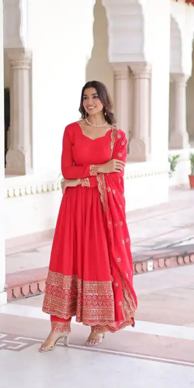 KA 1209 Red Vichitra Silk Gown with Embroidery Work & Sequins Work. Get it for ₹2499. Delivery 4-6 Working Days. Shop now. | Gowns, Bollywood Gowns, Creative Gowns, Designer Gowns, Embroidered Gowns, Party Wear Gowns