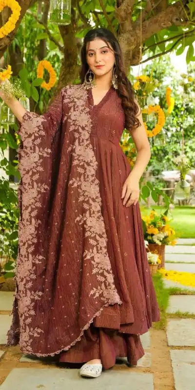 LG 2046 Rust Crunchy Salwar Suit with Embroidery Work. Wedding, Party, Festive, Events, Exclusive Offer ₹2099. Delivery 4-6 Working Days. Shop now. | Casual Suits, Jump Suits, Tops & Bottoms, Track Suits, Salwar suit, Creative suits, Designer Suits, Palazzo Suits, Party Wear Suits, Patiala Suits, Straight Suits, Trendy Wear