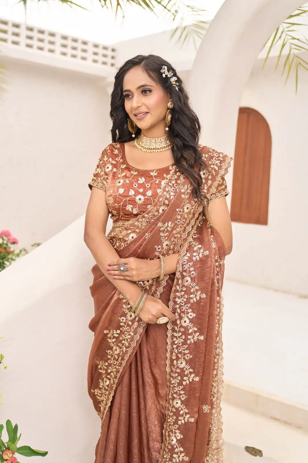Rust Fandy Chiffon Embroidery Cut Work Saree - Image 4