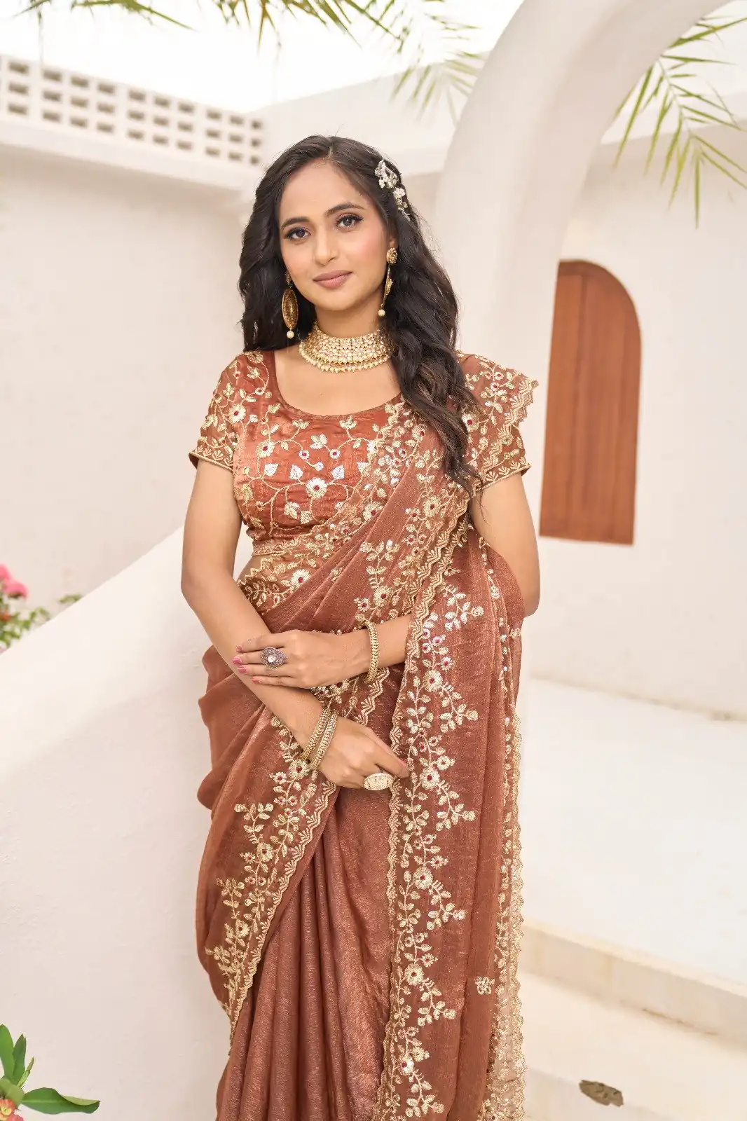Rust Fandy Chiffon Embroidery Cut Work Saree - Image 3
