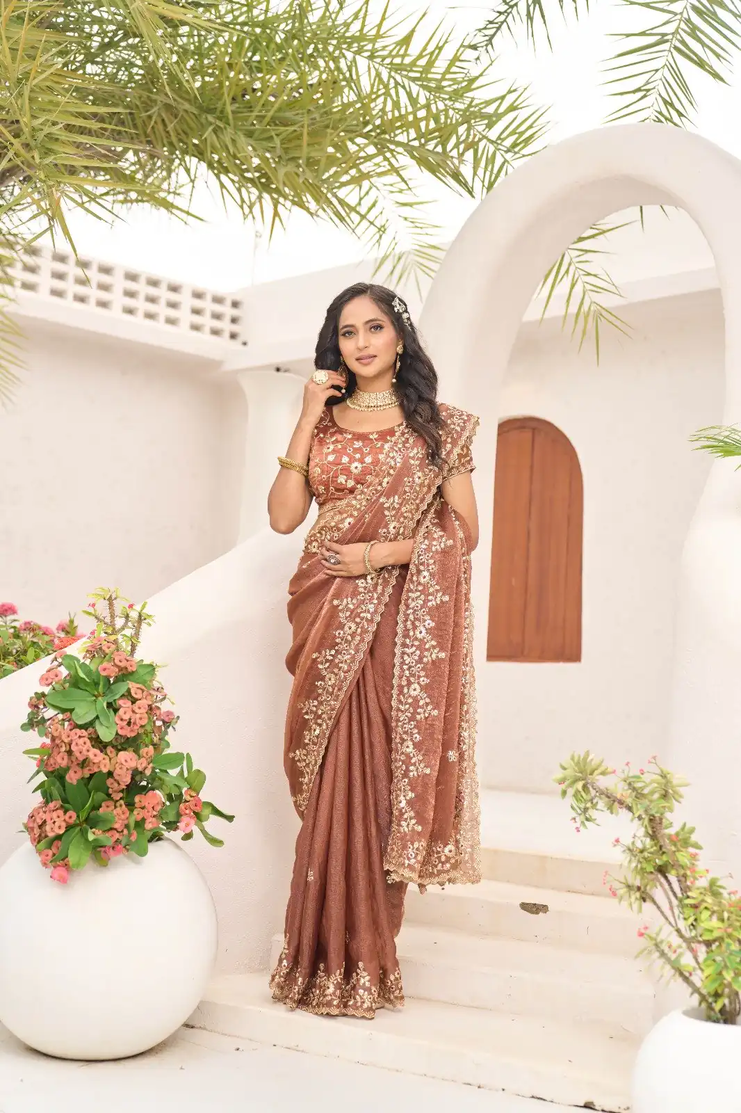 Rust Fandy Chiffon Embroidery Cut Work Saree - Image 2