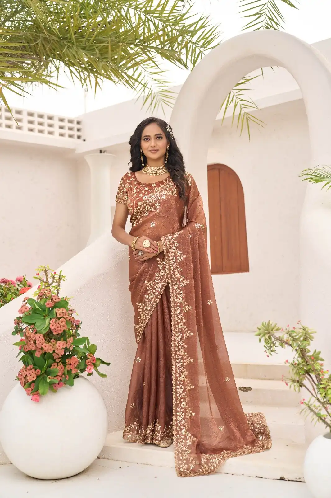 Rust Fandy Chiffon Embroidery Cut Work Saree