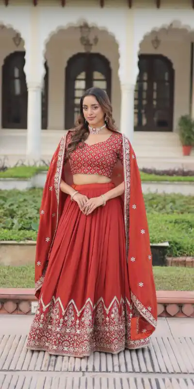 KA 5055 Rust Vichitra Silk Lehenga Choli with Embroidery Work & Sequins Work. Introductory Price ₹3049. Delivery 4-6 Working Days. Shop now. | Lehenga, Bollywood Lehenga, Creative Lehenga, Designer Lehenga, Embroidered Lehenga, Party Wear Lehenga