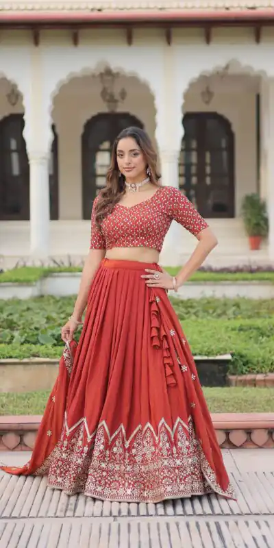 KA 5055 Rust Vichitra Silk Lehenga Choli with Embroidery Work & Sequins Work. Introductory Price ₹3049. Delivery 4-6 Working Days. Shop now. | Lehenga, Bollywood Lehenga, Creative Lehenga, Designer Lehenga, Embroidered Lehenga, Party Wear Lehenga