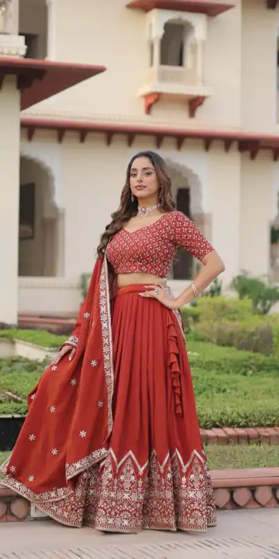 KA 5055 Rust Vichitra Silk Lehenga Choli with Embroidery Work & Sequins Work. Introductory Price ₹3049. Delivery 4-6 Working Days. Shop now. | Lehenga, Bollywood Lehenga, Creative Lehenga, Designer Lehenga, Embroidered Lehenga, Party Wear Lehenga