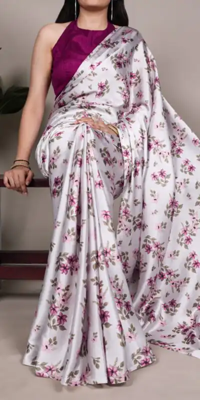 Silver Satin Silk Floral Print Saree