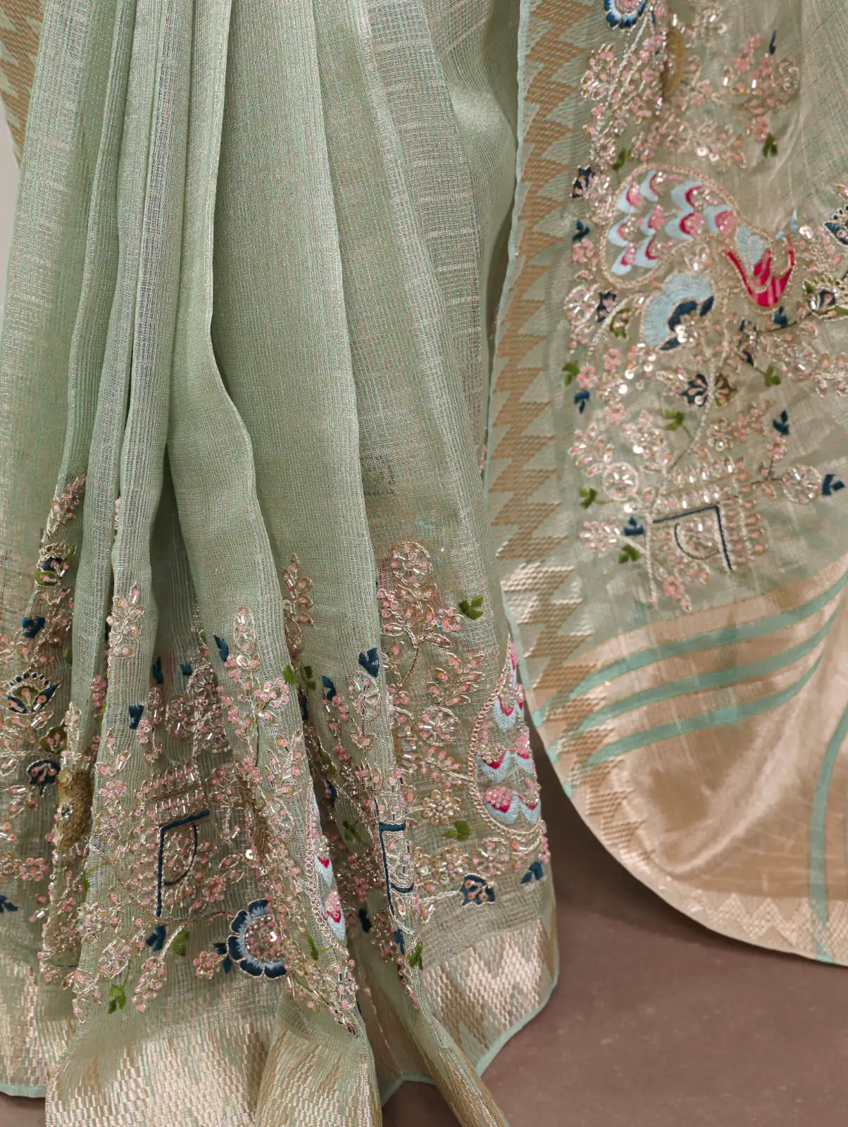 Sky Blue Kota Tissue Zari Embroidery Work Saree - Image 2