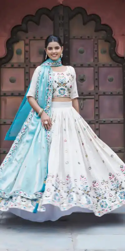 Sky Blue Tissue Silk Thread Embroidery Work Lehenga Choli