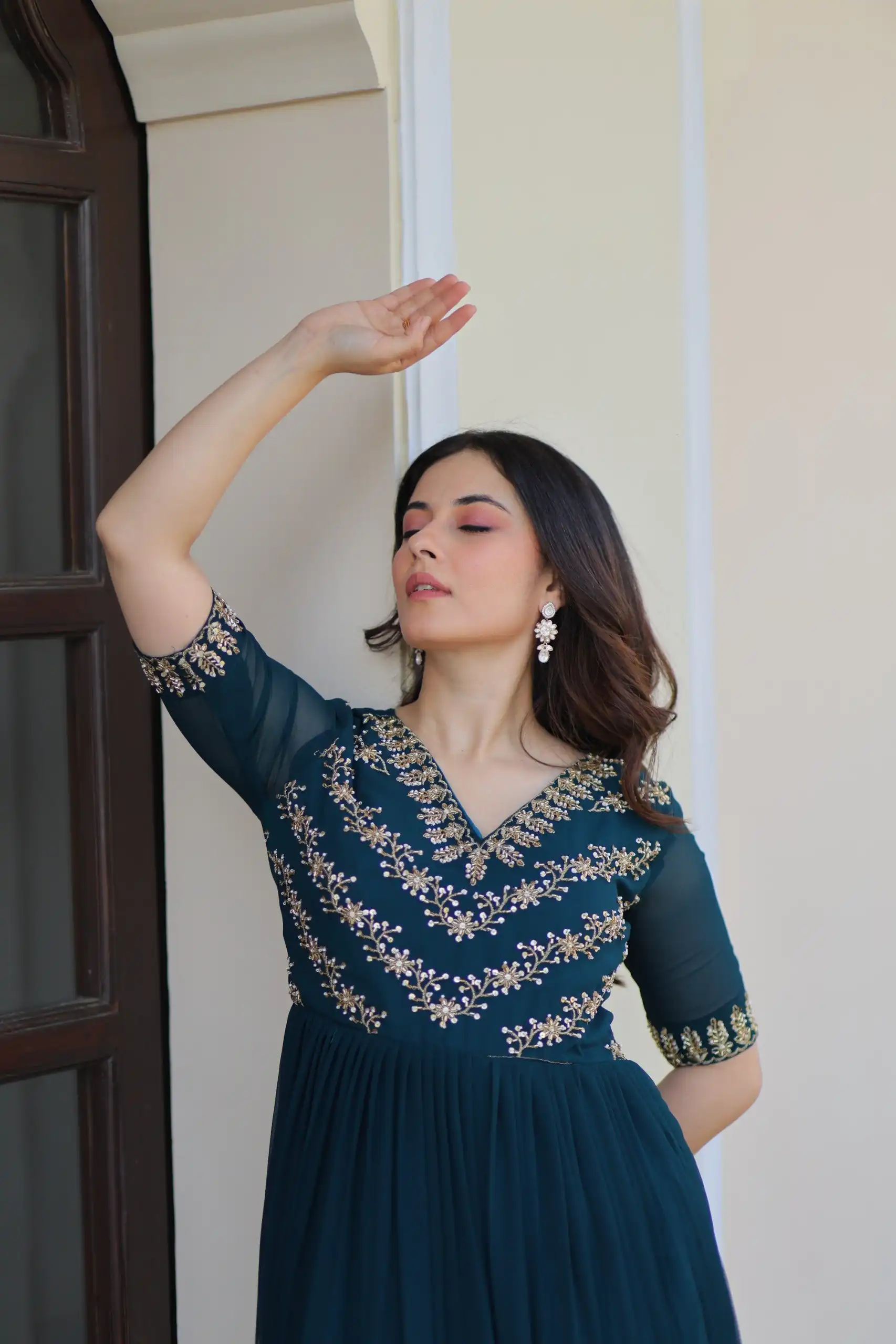 KA 1172 Teal in Faux Blooming Embroidery Work & Sequins Work Gown . Affordable Price ₹1749. Delivery 4-6 Working Days. Shop now. | Gowns, Bollywood Gowns, Creative Gowns, Designer Gowns, Embroidered Gowns, Party Wear Gowns