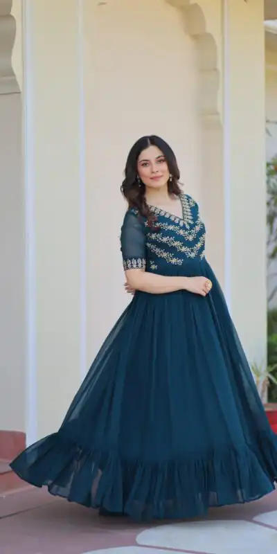 KA 1172 Teal in Faux Blooming Embroidery Work & Sequins Work Gown . Affordable Price ₹1749. Delivery 4-6 Working Days. Shop now. | Gowns, Bollywood Gowns, Creative Gowns, Designer Gowns, Embroidered Gowns, Party Wear Gowns