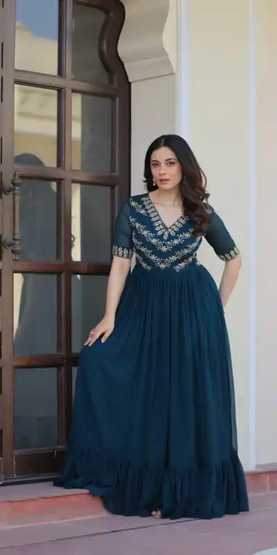 KA 1172 Teal in Faux Blooming Embroidery Work & Sequins Work Gown . Affordable Price ₹1749. Delivery 4-6 Working Days. Shop now. | Gowns, Bollywood Gowns, Creative Gowns, Designer Gowns, Embroidered Gowns, Party Wear Gowns