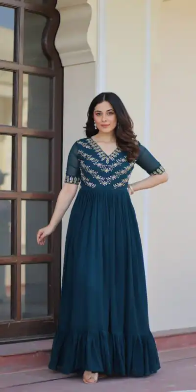 KA 1172 Teal in Faux Blooming Embroidery Work & Sequins Work Gown . Affordable Price ₹1749. Delivery 4-6 Working Days. Shop now. | Gowns, Bollywood Gowns, Creative Gowns, Designer Gowns, Embroidered Gowns, Party Wear Gowns
