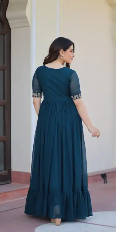 KA 1172 Teal in Faux Blooming Embroidery Work & Sequins Work Gown . Affordable Price ₹1749. Delivery 4-6 Working Days. Shop now. | Gowns, Bollywood Gowns, Creative Gowns, Designer Gowns, Embroidered Gowns, Party Wear Gowns
