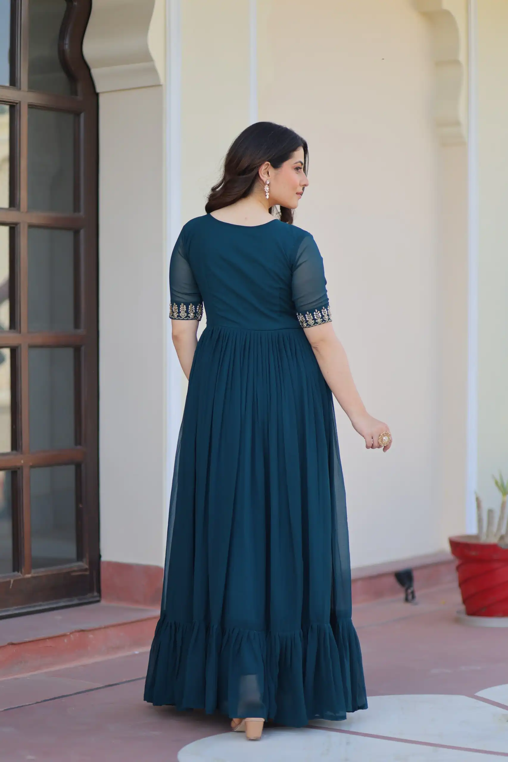 KA 1172 Teal in Faux Blooming Embroidery Work & Sequins Work Gown . Affordable Price ₹1749. Delivery 4-6 Working Days. Shop now. | Gowns, Bollywood Gowns, Creative Gowns, Designer Gowns, Embroidered Gowns, Party Wear Gowns