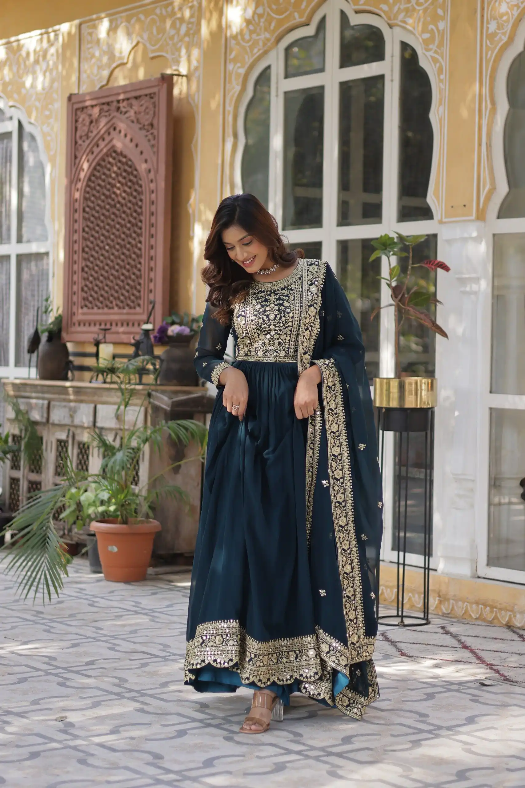KA 1153 Teal Faux Blooming Gown with Embroidery Work & Zari Work. Available at ₹2599 only. Delivery 4-6 Working Days. Shop now. | Gowns, Bollywood Gowns, Creative Gowns, Designer Gowns, Embroidered Gowns, Party Wear Gowns