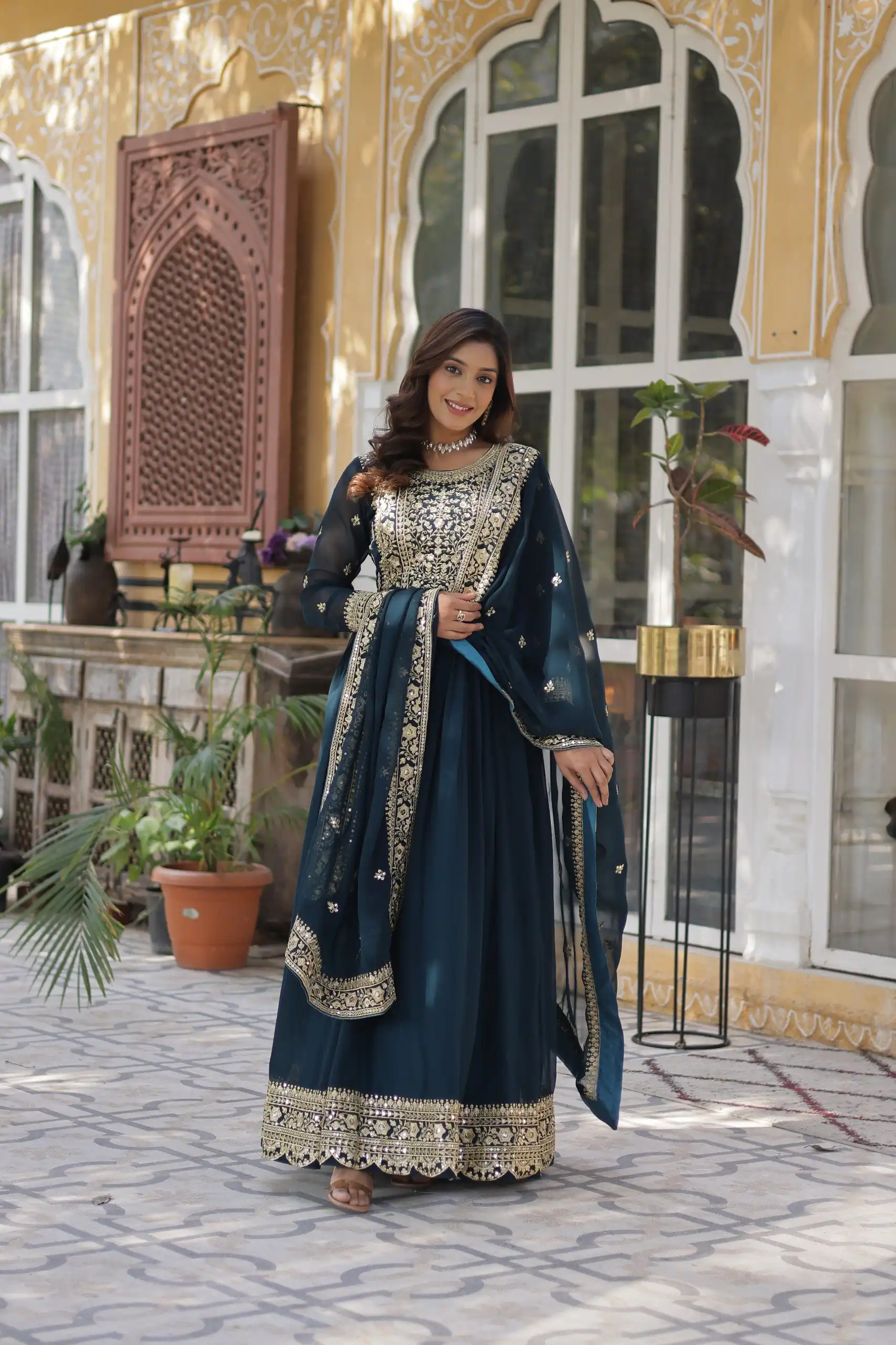 KA 1153 Teal Faux Blooming Gown with Embroidery Work & Zari Work. Available at ₹2599 only. Delivery 4-6 Working Days. Shop now. | Gowns, Bollywood Gowns, Creative Gowns, Designer Gowns, Embroidered Gowns, Party Wear Gowns