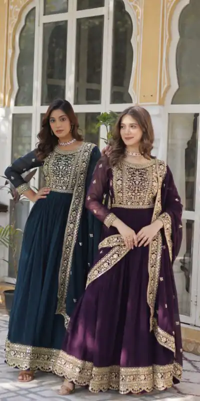 KA 1153 Teal Faux Blooming Gown with Embroidery Work & Zari Work. Available at ₹2599 only. Delivery 4-6 Working Days. Shop now. | Gowns, Bollywood Gowns, Creative Gowns, Designer Gowns, Embroidered Gowns, Party Wear Gowns