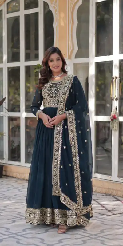 KA 1153 Teal Faux Blooming Gown with Embroidery Work & Zari Work. Available at ₹2599 only. Delivery 4-6 Working Days. Shop now. | Gowns, Bollywood Gowns, Creative Gowns, Designer Gowns, Embroidered Gowns, Party Wear Gowns