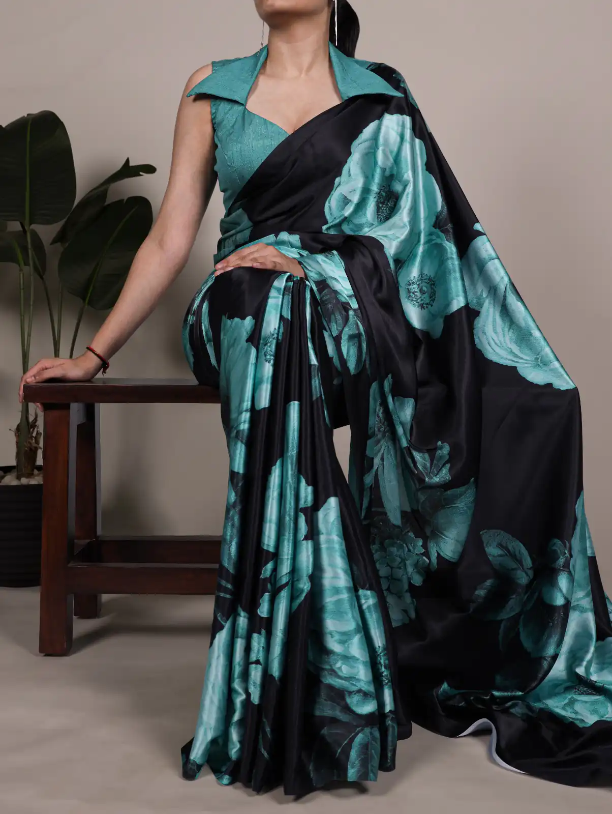 Teal Satin Silk Floral Print Saree