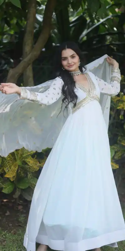 KA 1067 White Faux Blooming Gown Perfect for Wedding, Party, Haldi, Raksha Bandhan, Traditional Day – . Exclusive Offer ₹1849. Delivery 4-6 Working Da | Gowns, Bollywood Gowns, Creative Gowns, Designer Gowns, Embroidered Gowns, Party Wear Gowns