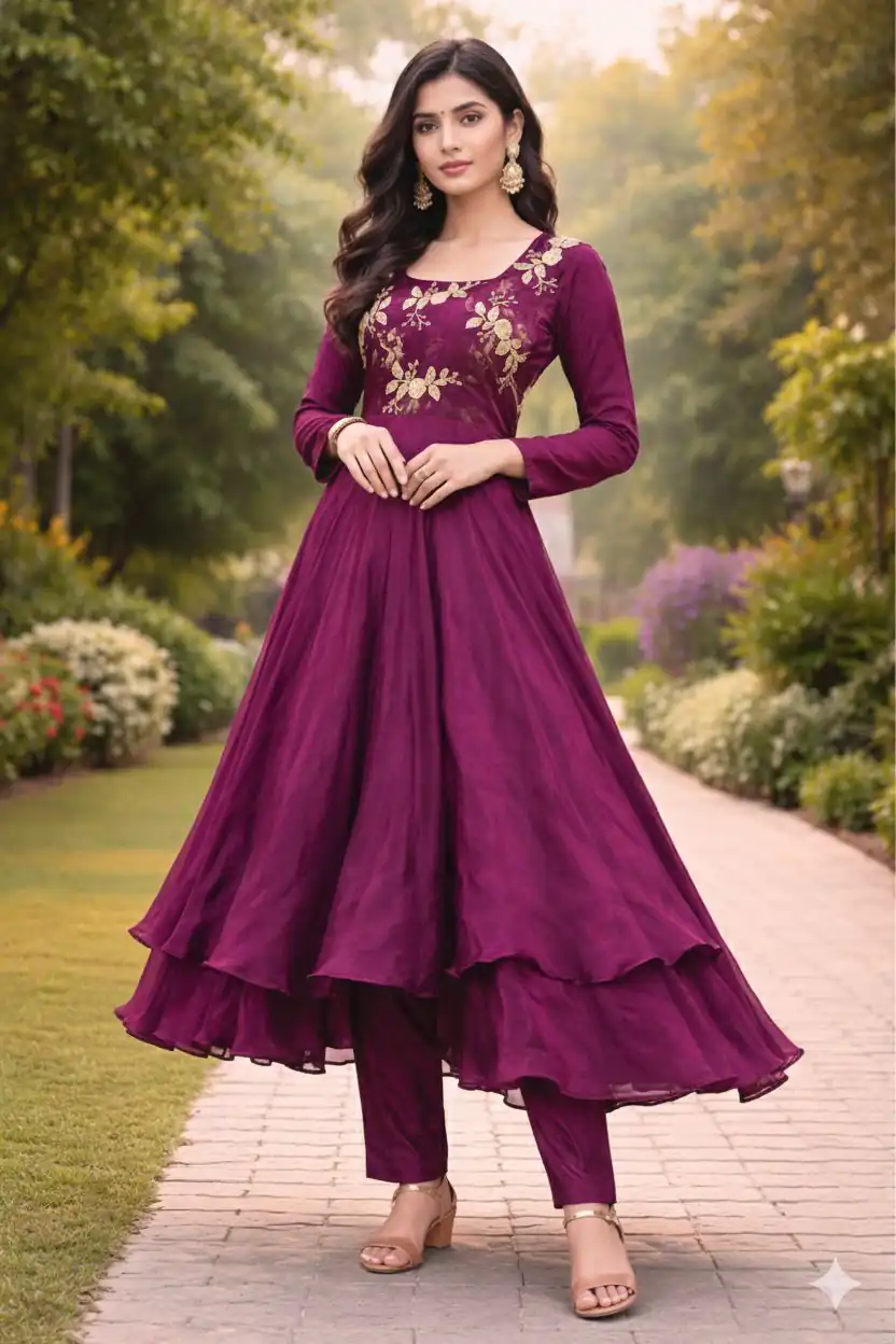 ZF 434 Wine Fandy Silk Gown with Embroidery Work. Special Price ₹2449. Wedding, Party, Festive, Events Delivery 4-6 Working Days. Shop now. | Gowns, Bollywood Gowns, Creative Gowns, Designer Gowns, Embroidered Gowns, Party Wear Gowns