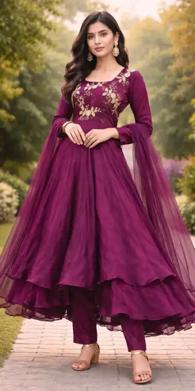 ZF 434 Wine Fandy Silk Gown with Embroidery Work. Special Price ₹2449. Wedding, Party, Festive, Events Delivery 4-6 Working Days. Shop now. | Gowns, Bollywood Gowns, Creative Gowns, Designer Gowns, Embroidered Gowns, Party Wear Gowns
