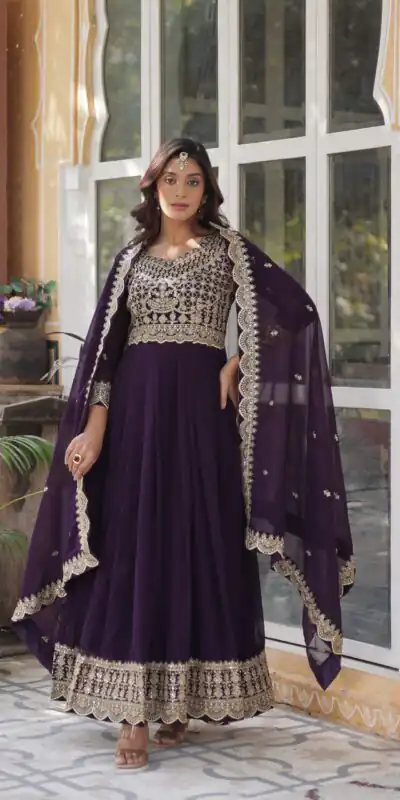 KA 1137 Wine Color Faux Blooming Gown with Embroidery Work & Zari Work. Best Price ₹2599. Delivery 4-6 Working Days. Shop now. | Gowns, Bollywood Gowns, Creative Gowns, Designer Gowns, Embroidered Gowns, Party Wear Gowns