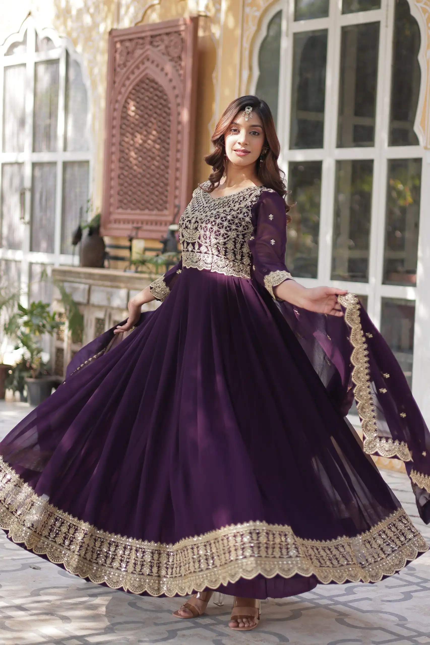 KA 1137 Wine Color Faux Blooming Gown with Embroidery Work & Zari Work. Best Price ₹2599. Delivery 4-6 Working Days. Shop now. | Gowns, Bollywood Gowns, Creative Gowns, Designer Gowns, Embroidered Gowns, Party Wear Gowns