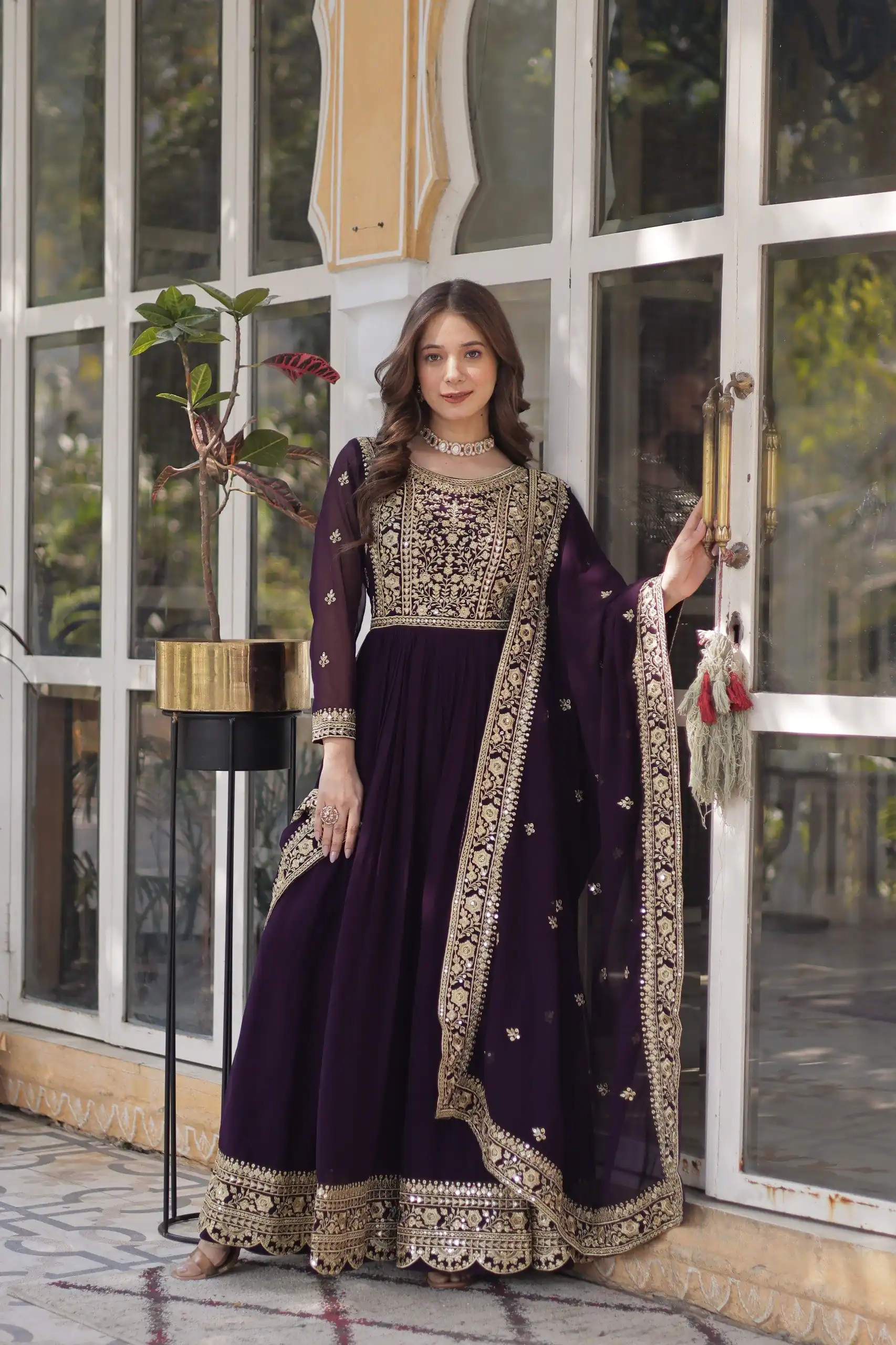 KA 1153 Wine Faux Blooming Gown with Embroidery Work & Zari Work. Available at ₹2599 only. Delivery 4-6 Working Days. Shop now. | Gowns, Bollywood Gowns, Creative Gowns, Designer Gowns, Embroidered Gowns, Party Wear Gowns
