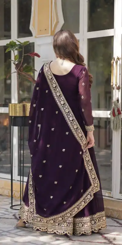 KA 1153 Wine Faux Blooming Gown with Embroidery Work & Zari Work. Available at ₹2599 only. Delivery 4-6 Working Days. Shop now. | Gowns, Bollywood Gowns, Creative Gowns, Designer Gowns, Embroidered Gowns, Party Wear Gowns