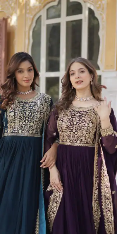 KA 1153 Wine Faux Blooming Gown with Embroidery Work & Zari Work. Available at ₹2599 only. Delivery 4-6 Working Days. Shop now. | Gowns, Bollywood Gowns, Creative Gowns, Designer Gowns, Embroidered Gowns, Party Wear Gowns