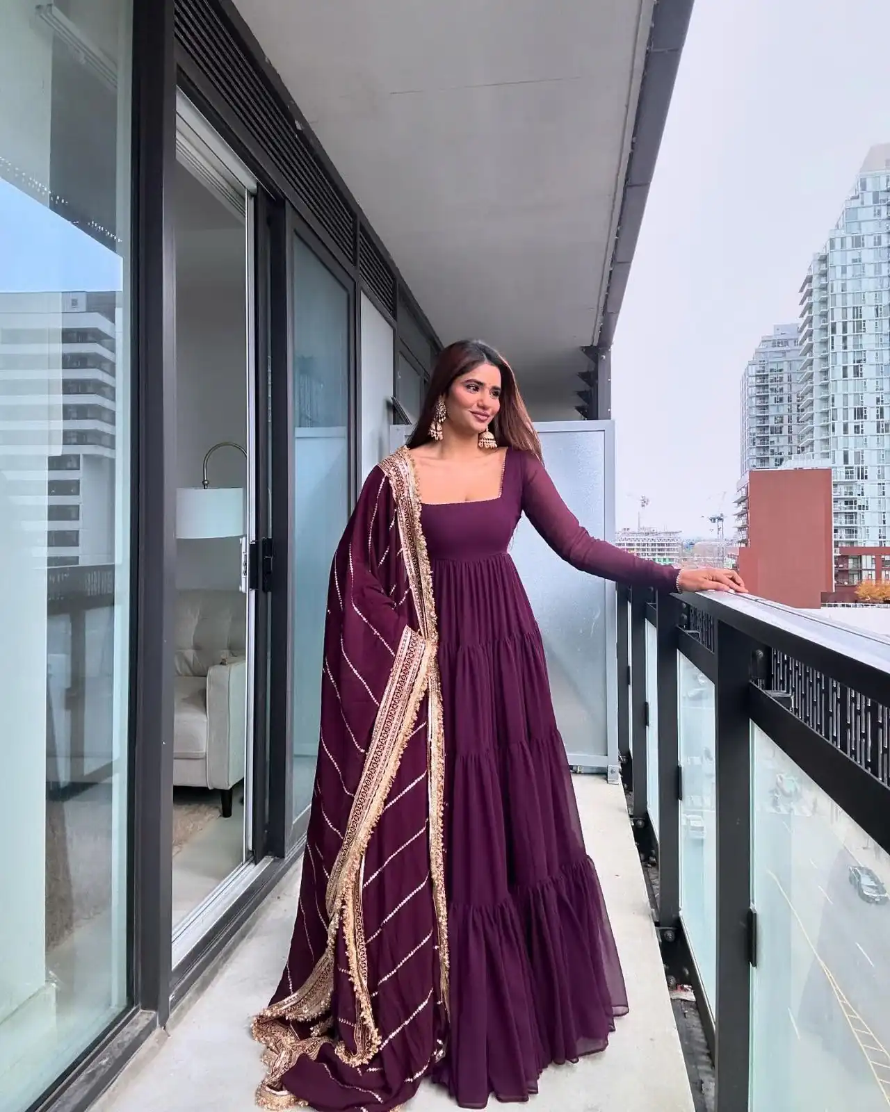 KD 1539 Wine Faux Georgette Ruffle Style Gown. Wedding, Party, Festive, Events Grab it for ₹2099. Delivery 4-6 Working Days. Shop now. | Gowns, Bollywood Gowns, Creative Gowns, Designer Gowns, Embroidered Gowns, Party Wear Gowns