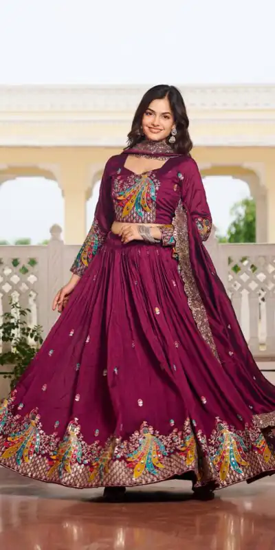 Ram 113 Wine Color Vichitra Lehenga Choli with Embroidery Work. Exclusive Offer ₹3099. Delivery 4-6 Working Days. Shop now. | Lehenga, Bollywood Lehenga, Creative Lehenga, Designer Lehenga, Embroidered Lehenga, Party Wear Lehenga