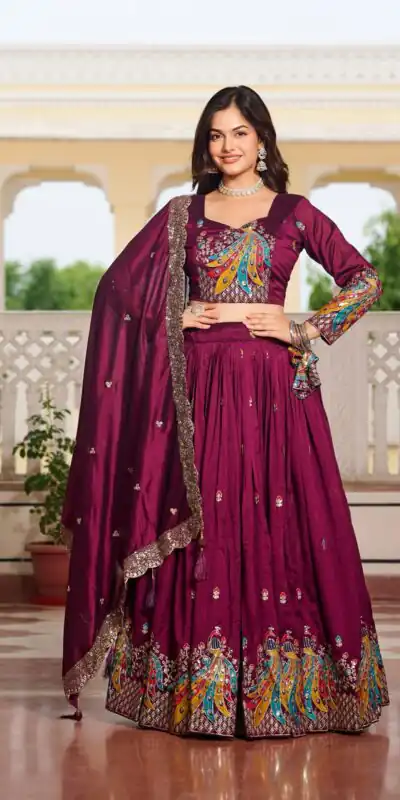 Ram 113 Wine Color Vichitra Lehenga Choli with Embroidery Work. Exclusive Offer ₹3099. Delivery 4-6 Working Days. Shop now. | Lehenga, Bollywood Lehenga, Creative Lehenga, Designer Lehenga, Embroidered Lehenga, Party Wear Lehenga
