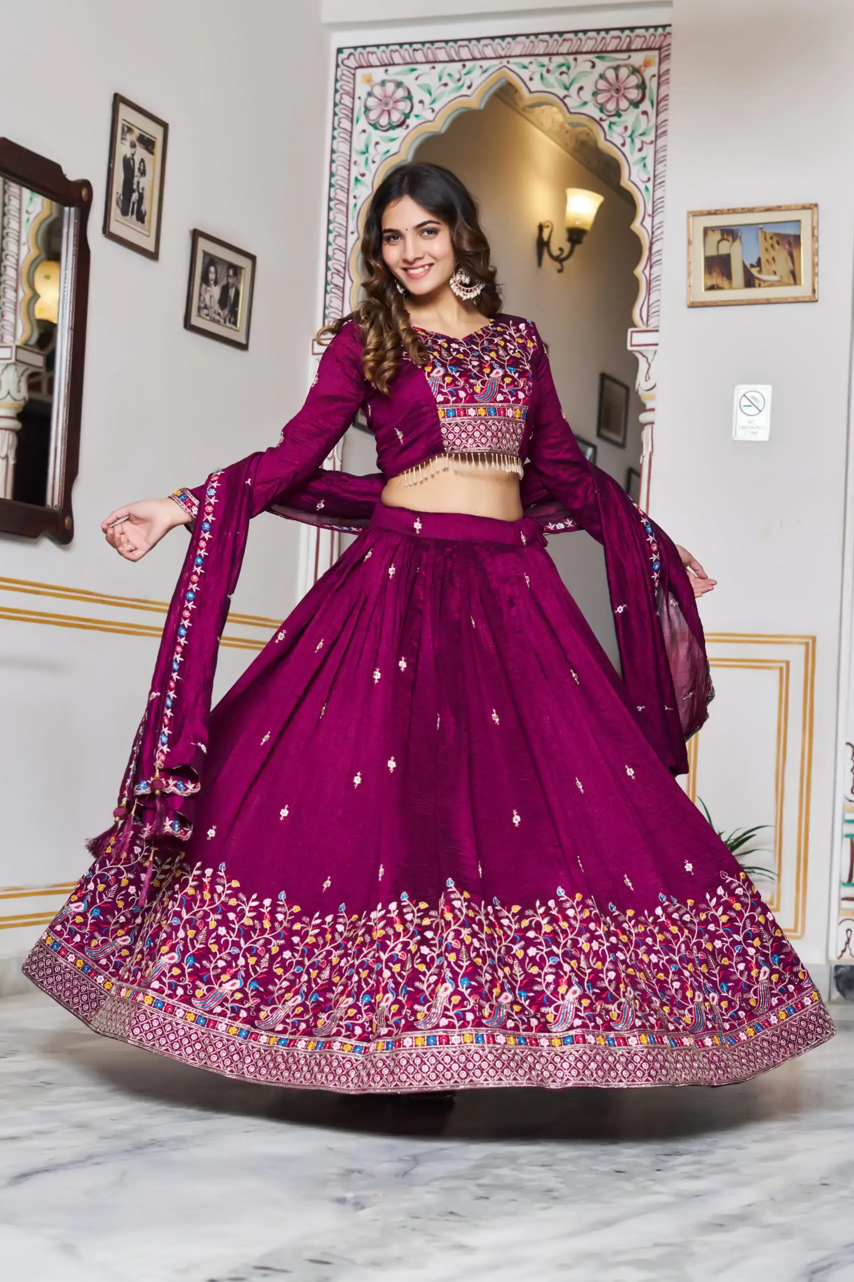 Wine Vichitra Silk Embroidery Work Lehenga Choli - Image 4