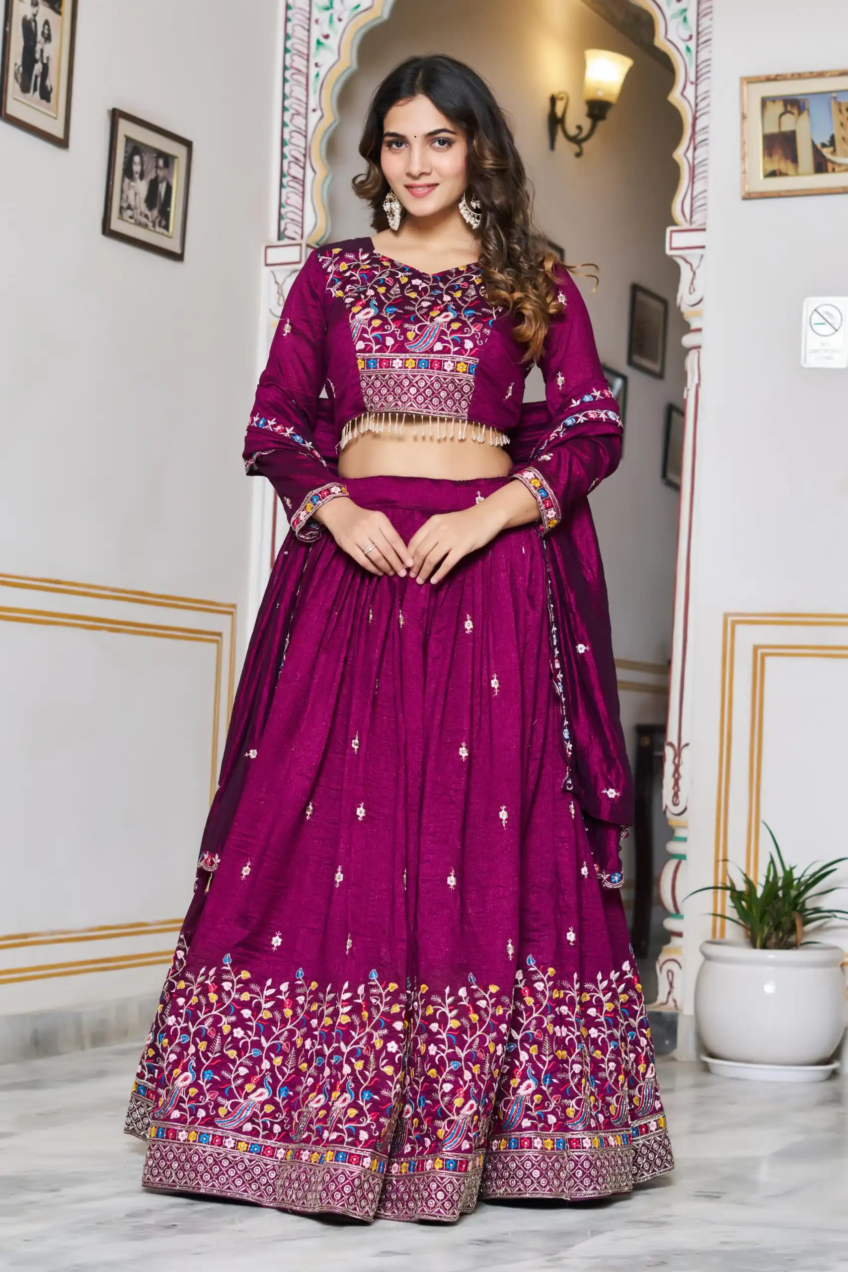 Wine Vichitra Silk Embroidery Work Lehenga Choli - Image 2