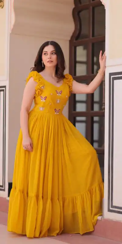 KA 1174 Yellow Faux Blooming Gown Perfect for Wedding, Party, Housewarming, Baby Shower, Raksha Bandhan – . Now at just ₹1699. Delivery 4-6 Working Dasy | Gowns, Bollywood Gowns, Creative Gowns, Designer Gowns, Embroidered Gowns, Party Wear Gowns