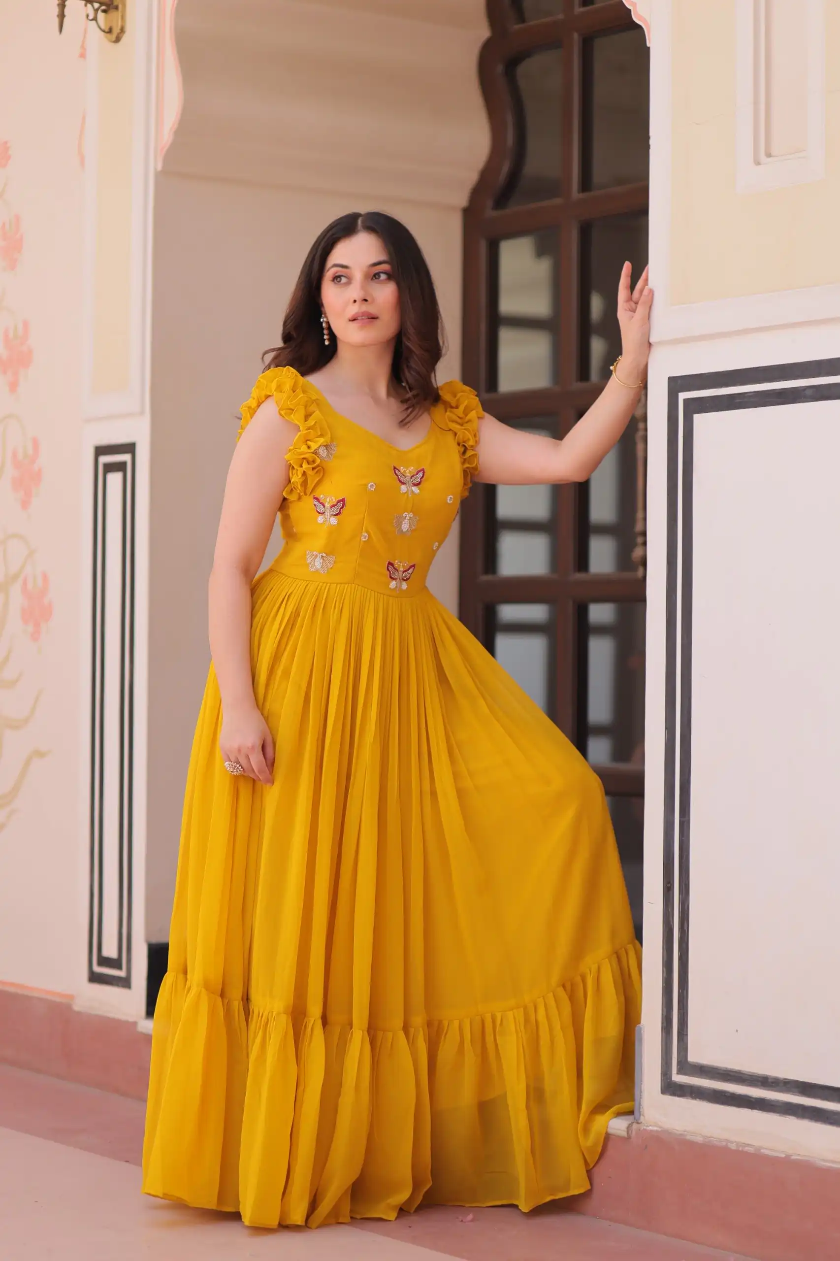 KA 1174 Yellow Faux Blooming Gown Perfect for Wedding, Party, Housewarming, Baby Shower, Raksha Bandhan – . Now at just ₹1699. Delivery 4-6 Working Dasy | Gowns, Bollywood Gowns, Creative Gowns, Designer Gowns, Embroidered Gowns, Party Wear Gowns