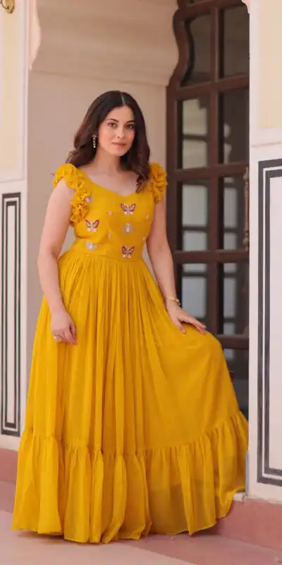 KA 1174 Yellow Faux Blooming Gown Perfect for Wedding, Party, Housewarming, Baby Shower, Raksha Bandhan – . Now at just ₹1699. Delivery 4-6 Working Dasy | Gowns, Bollywood Gowns, Creative Gowns, Designer Gowns, Embroidered Gowns, Party Wear Gowns