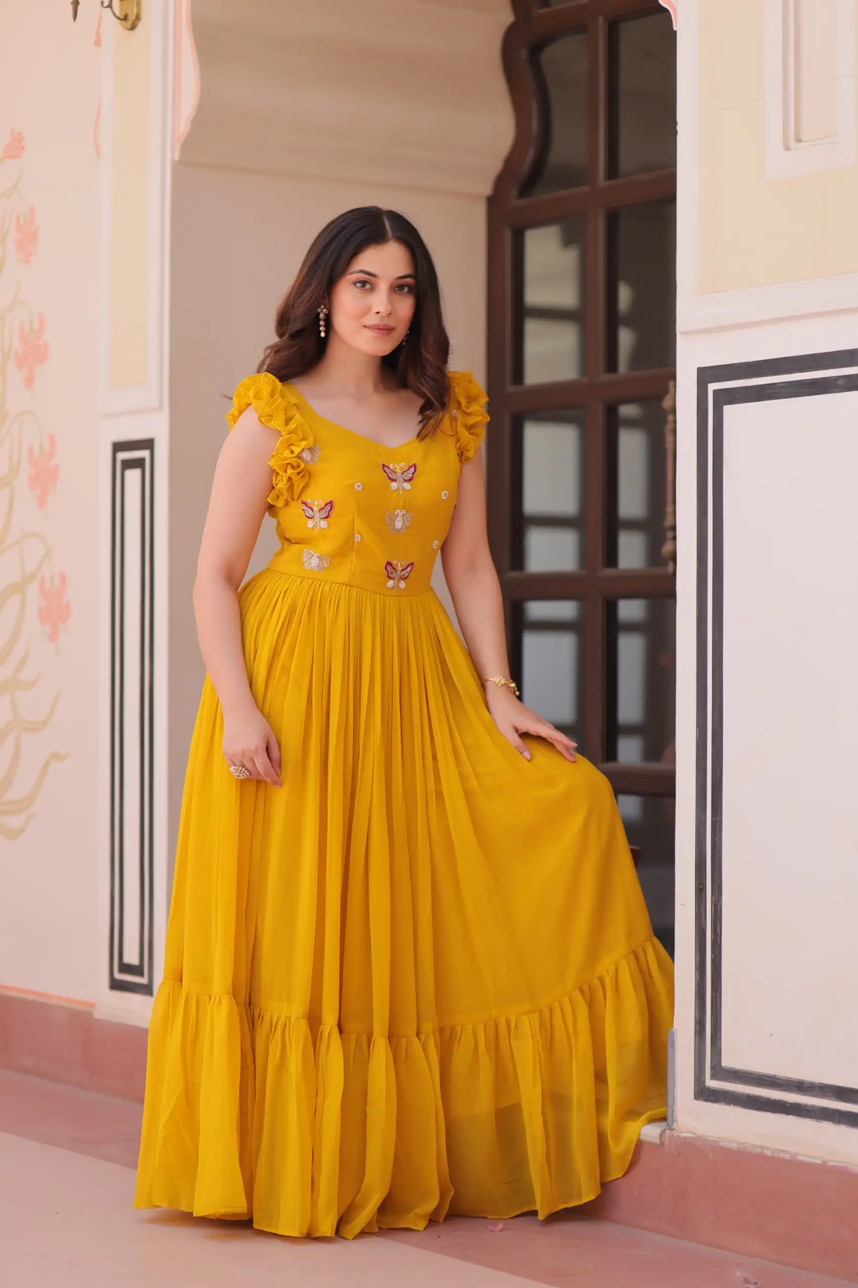 KA 1174 Yellow Faux Blooming Gown Perfect for Wedding, Party, Housewarming, Baby Shower, Raksha Bandhan – . Now at just ₹1699. Delivery 4-6 Working Dasy | Gowns, Bollywood Gowns, Creative Gowns, Designer Gowns, Embroidered Gowns, Party Wear Gowns