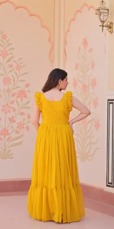 KA 1174 Yellow Faux Blooming Gown Perfect for Wedding, Party, Housewarming, Baby Shower, Raksha Bandhan – . Now at just ₹1699. Delivery 4-6 Working Dasy | Gowns, Bollywood Gowns, Creative Gowns, Designer Gowns, Embroidered Gowns, Party Wear Gowns